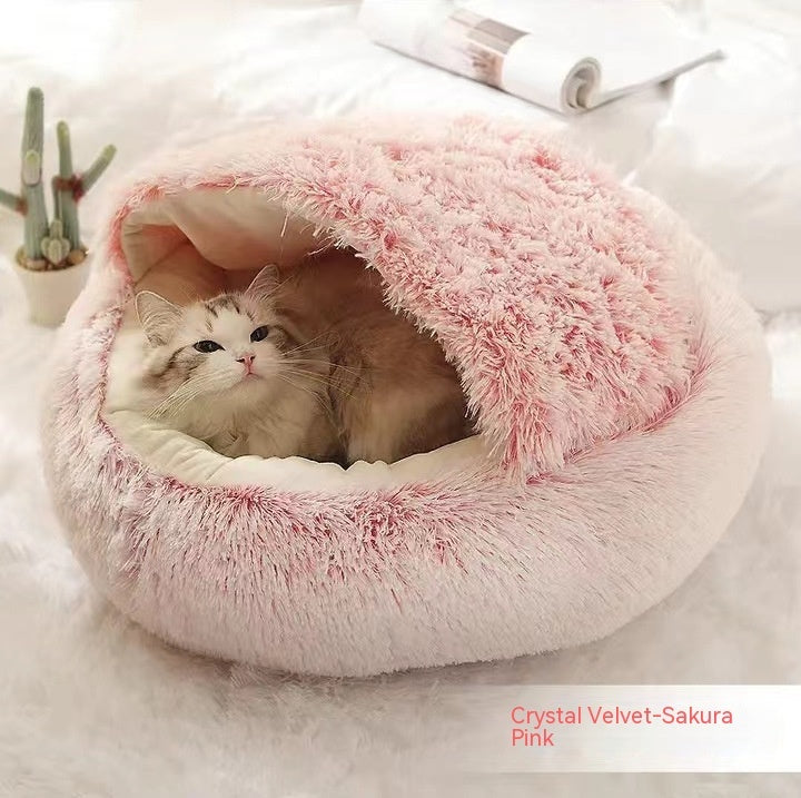 Lit 2 en 1 pour chien et chat - Lit d'hiver rond en peluche chaud pour animaux de compagnie - Lit doux et long en peluche pour animaux de compagnie